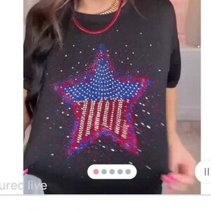 Old Glory Glam Graphic Top Black Red Blue Star Patriotic Womens